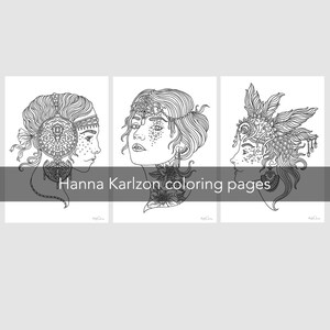 May include: Three black and white colouring pages featuring detailed illustrations of women's faces with intricate headwear and jewellery. The pages are titled "Hanna Karlzon colouring pages".