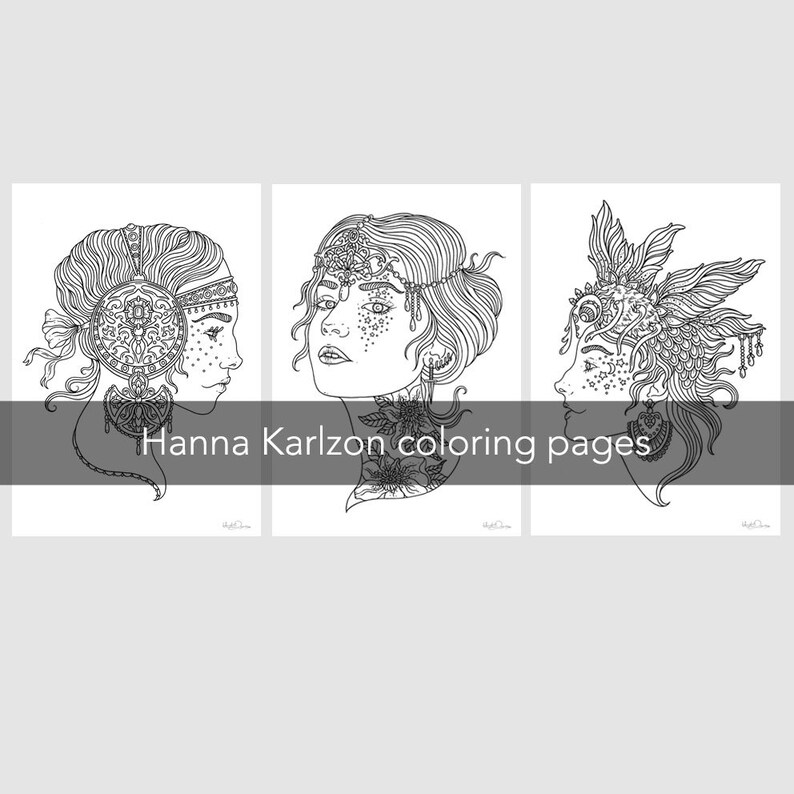 May include: Three black and white colouring pages featuring detailed illustrations of women's faces with intricate headwear and jewellery. The pages are titled "Hanna Karlzon colouring pages".