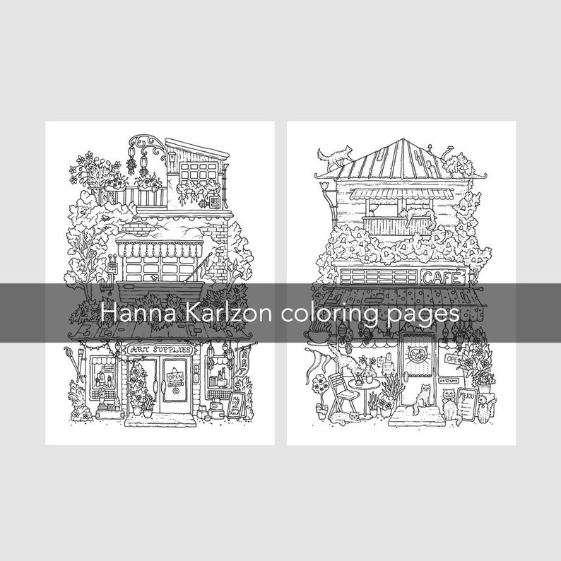 Puede incluir: Dos dibujos en blanco y negro de tiendas. La primera tienda es una tienda de "Suministros de Artesan&iacute;a" con un letrero sobre la puerta y una variedad de plantas y art&iacute;culos colgando del toldo. La segunda tienda es un "Caf&eacute;" con un gato sentado en el toldo y una variedad de plantas y art&iacute;culos colgando del toldo.