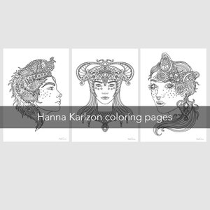 Pu&ograve; includere: Tre pagine da colorare in bianco e nero con illustrazioni dettagliate di donne con copricapi intricati e tratti del viso. Il testo "Hanna Karlzon coloring pages" &egrave; visualizzato nella parte inferiore dell'immagine.