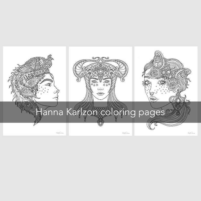 Pu&ograve; includere: Tre pagine da colorare in bianco e nero con illustrazioni dettagliate di donne con copricapi intricati e tratti del viso. Il testo "Hanna Karlzon coloring pages" &egrave; visualizzato nella parte inferiore dell'immagine.