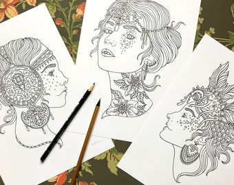 PDF  coloring pages, Girl power 1, set of 3 pages
