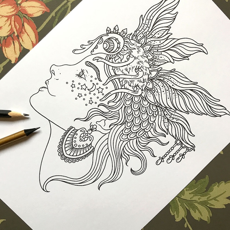 May include: A black and white line drawing of a woman's face with intricate details. Her hair is styled with a crown of feathers and a large eye. The woman's face is adorned with stars and a crescent moon.
