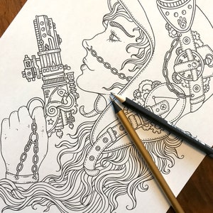 May include: A black and white line drawing of a woman wearing a steampunk-inspired helmet and holding a large, intricate mechanical device. The woman's hair is long and flowing, and her face is partially obscured by the helmet. The mechanical device is detailed with gears, chains, and other intricate elements.