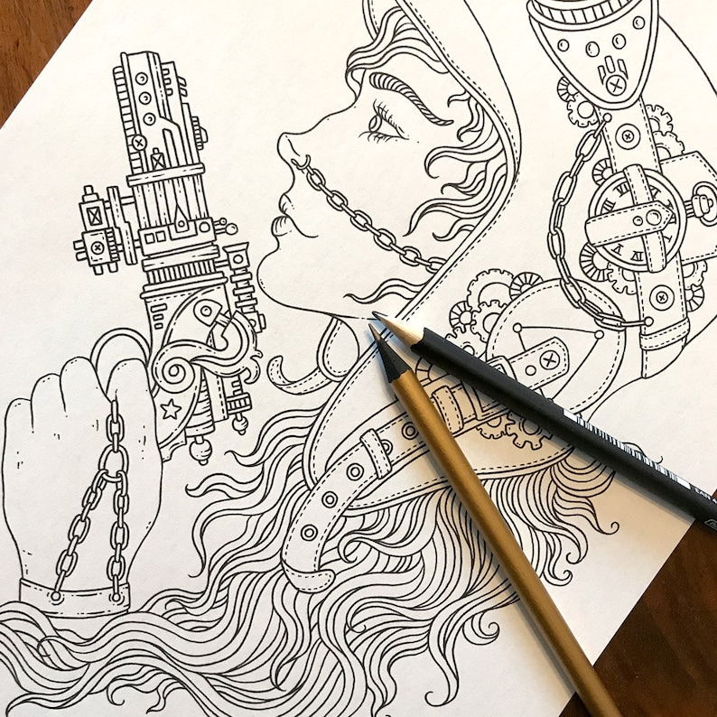 May include: A black and white line drawing of a woman wearing a steampunk-inspired helmet and holding a large, intricate mechanical device. The woman's hair is long and flowing, and her face is partially obscured by the helmet. The mechanical device is detailed with gears, chains, and other intricate elements.