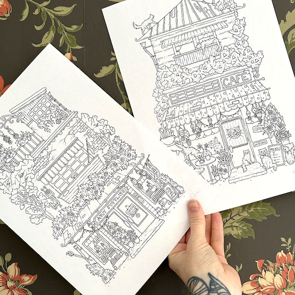 PDF Malseiten, Niedliche Läden, Set von 2 Seiten