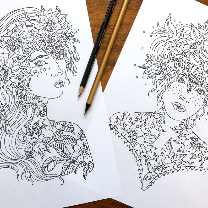 PDF coloring pages, Flower tattoos, set of 2 pages image 2