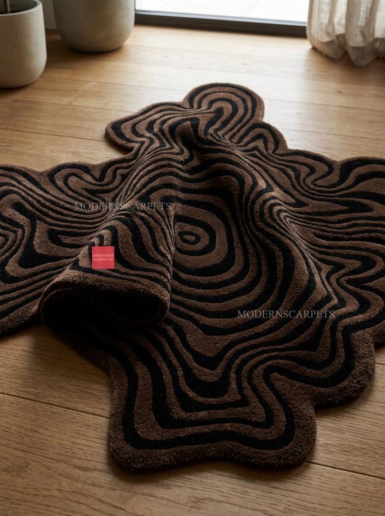 Topography Rug Pattern Chocolate & Black Topographic Area Rug – Irregular Shape Hand-tufted ...