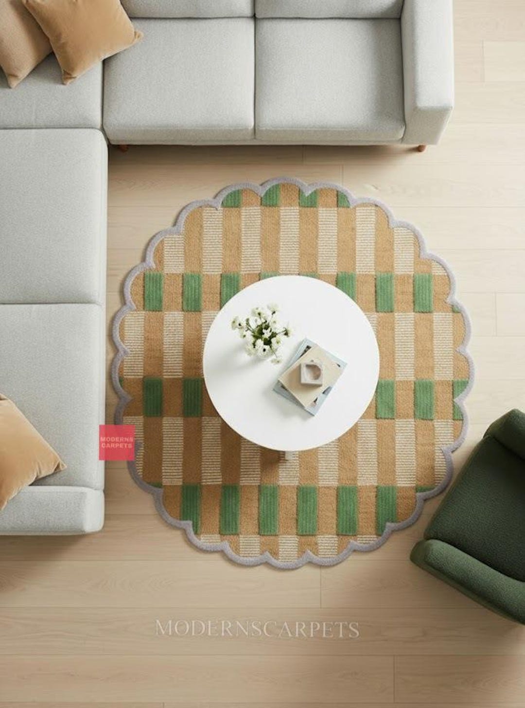 Green Wavy Border Checkboard Rug, Round Scalloped Rug for Bedroom, Boho ...