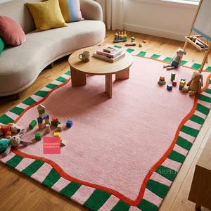 Blush Pink & Forest Green Wavy Border Area Rugs Hand-Tufted Soft Wool Carpe, Handmade Rug Bedroom Rug Soft Hand-Tufted Area Rug 6x9, 8x10,