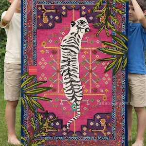 Alfombra de lana con mechones de tigre de Bengala de 6 x 9 pulgadas, hecha a mano, 100 % lana, para sala de estar, dormitorio, oficina y recibidor.