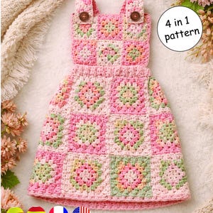 May include: A handmade, pink and green crochet dress with a square pattern. The dress has straps with wooden buttons and the text "4 in 1 pattern" in a white circle.