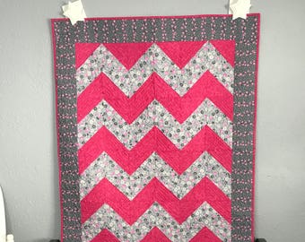 Baby Quilt Toddler Child Quilt Handmade Chevron Pink and Grey Floral Fabric Crib Quilt, 45 x 57, lap quilt throw, handmade quilt