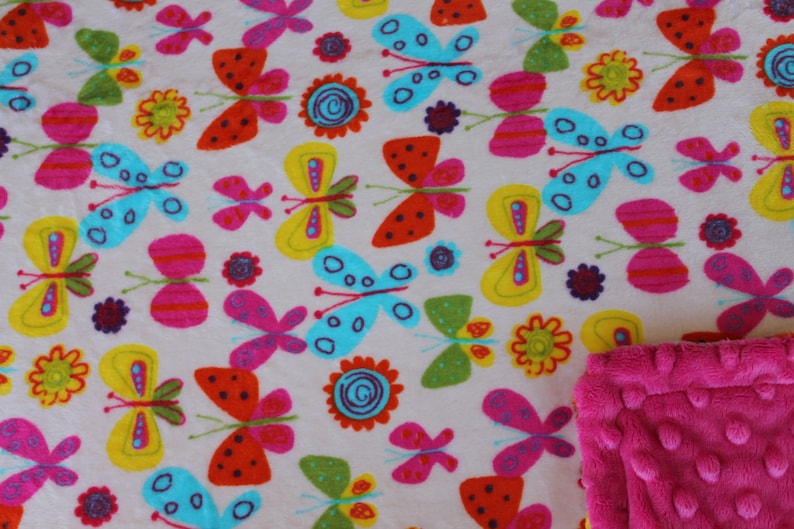 Perfect Size a Toddler or Child 36 x 42 Minky Blanket Multi Colored Butterfly Print Minky with Hot Pink Dimple Dot Minky Backing