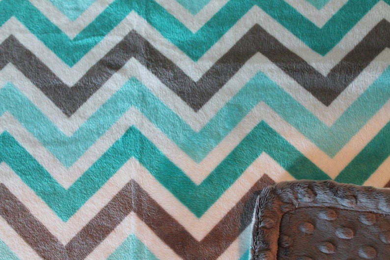 Minky Blanket Teal Grey and White Chevron Print Minky with Grey Dimple Dot Minky Backing Perfect Size for a Baby or Toddler Turquoise