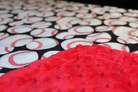 Perfect Size a Toddler or Child Minky Blanket Baseball Print Minky with Black Background with Red Dimple Dot Minky Backing