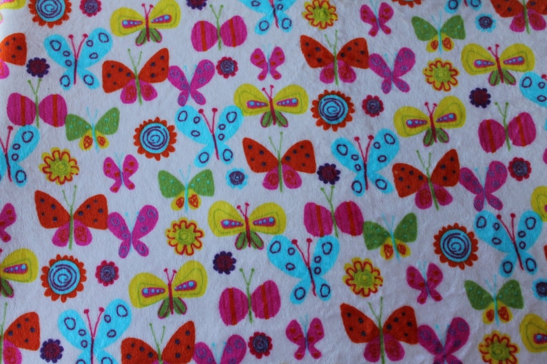 Perfect Size a Toddler or Child 36 x 42 Minky Blanket Multi Colored Butterfly Print Minky with Hot Pink Dimple Dot Minky Backing