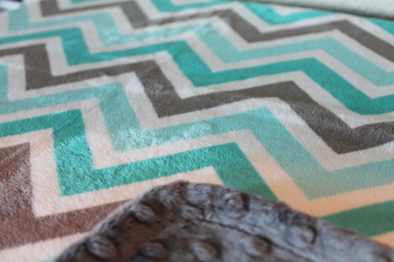 Minky Blanket Teal Grey and White Chevron Print Minky with Grey Dimple Dot Minky Backing Perfect Size for a Baby or Toddler Turquoise