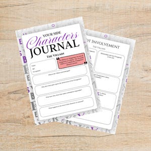 May include: Two open character journals with the text "Your Side Characters Journal" and "The Villain" in purple script. The pages have fill-in-the-blank sections for character analysis, with a quote bubble.