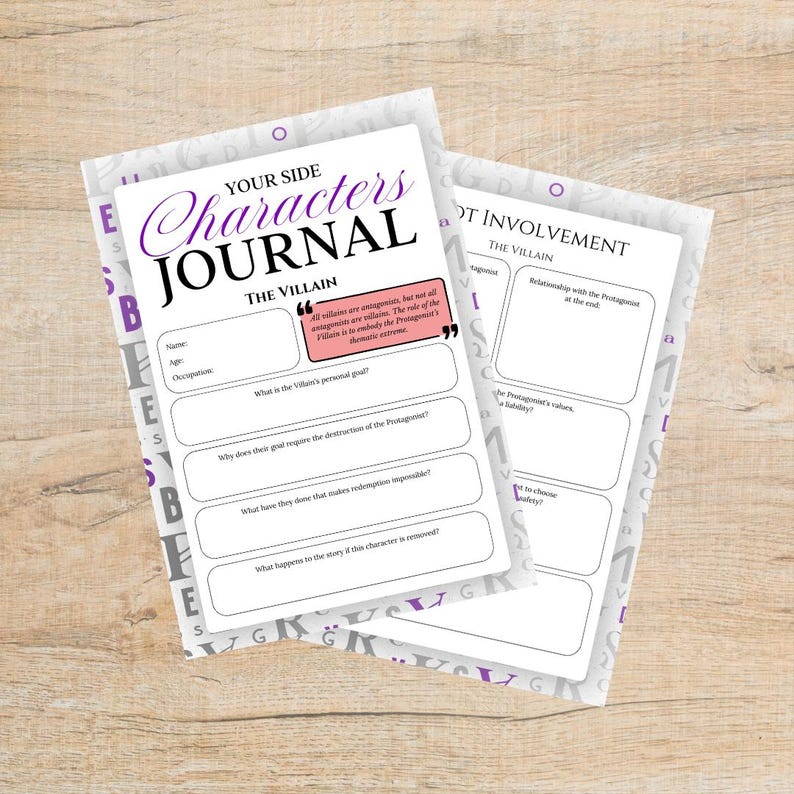 May include: Two open character journals with the text "Your Side Characters Journal" and "The Villain" in purple script. The pages have fill-in-the-blank sections for character analysis, with a quote bubble.