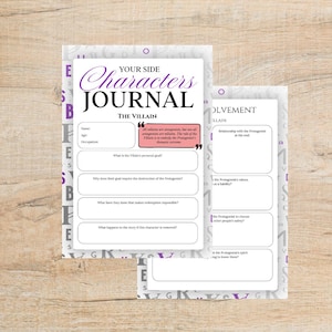 May include: A journal titled "Your Side Characters Journal" with prompts for character development. The page includes sections for the villain's name, age, and occupation, with prompts about their goals and impact on the story. The journal is on a wooden surface.