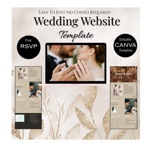 Modèle de site Web de mariage Canva - Site Web de mariage floral de jardin avec RSVP, conception canva modifiable, site Web de mariage numérique
