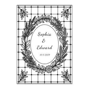 May include: Black and white wedding invitation design. The invitation features an oval frame with floral and leaf accents, and the names "Sophia & Edward" with the date "10.11.2029". The background has a grid pattern.