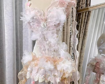All-in-one Pastel Fairy Rave Set, Floral Butterfly Corset & Skirt Outfit, Handmade Rococo Fantasy Festival Costume, Ravewear, Pinky Rave