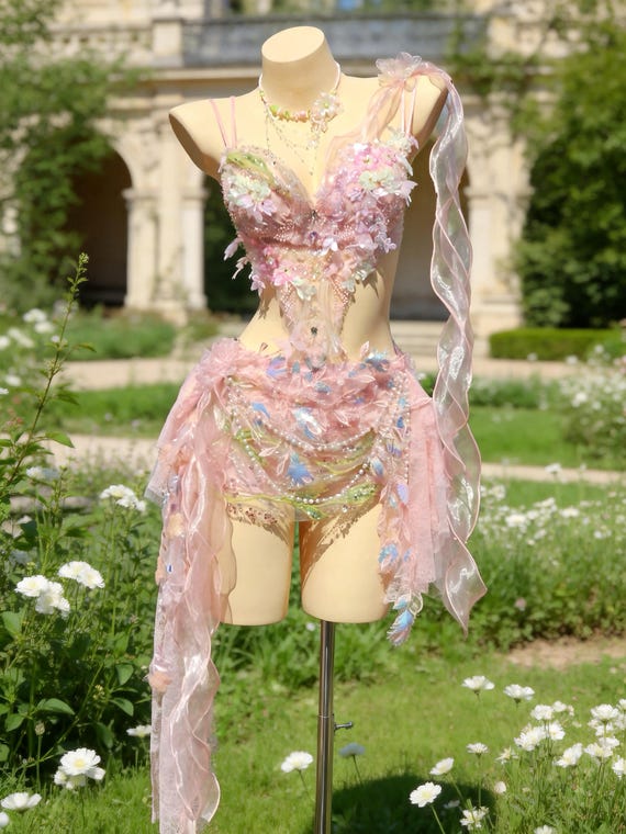 Festival Outfit Women Pink Rave Set Fairycore Outfit All-in-One Corset Top Skirt Set, Burning Man Coachella Costume, Tomorrowland Outfits