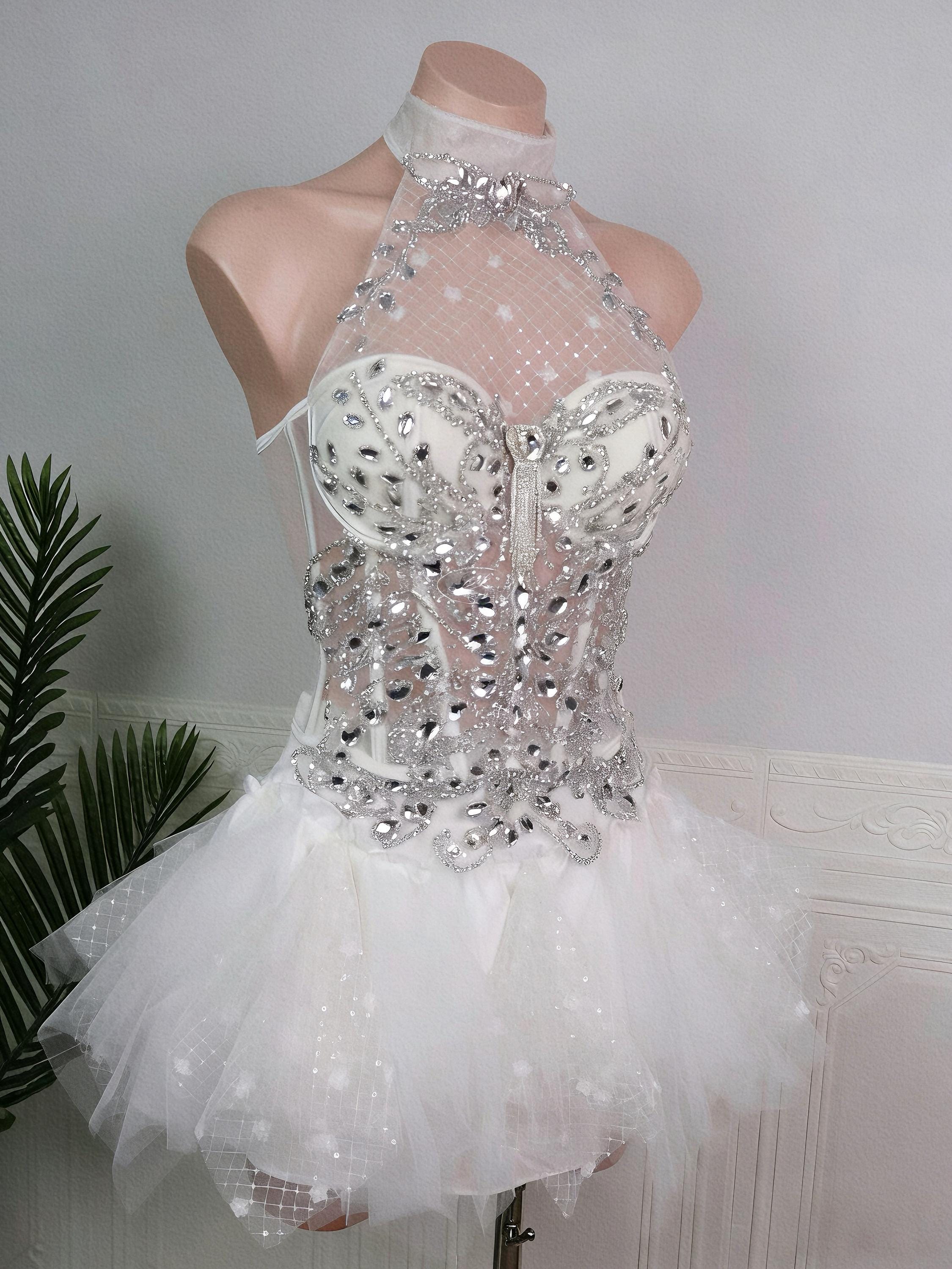 white christmas dresses Silver Rhinestone Long Dress with Boning Corset XL main image 0