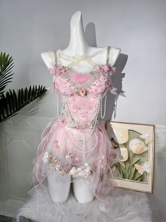 pink corset fairy dress Set, Handmade Pastel Gothic Rave Outfit, Fantasy Festival Costume, Romantic Party Look, EDM, Festival, Burningman The corset back design Size:38.5 (US 8.5) Ball gown Occasion:Holiday Dresses Grey Cotton Jersey Waist