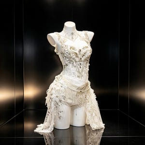 Op de afbeelding: Een witte bodysuit in korsetstijl met ingewikkeld borduurwerk, zilveren kralen en heldere kristallen versieringen. Het kledingstuk heeft een hoge kraag, vleugelachtige details op de borst en een doorschijnende, met kant afgewerkte rok met bloemmotieven.