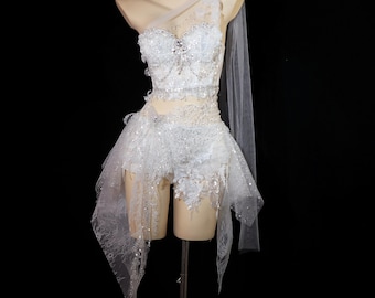 White Fairy Rave Outfit, Ethereal Goddess Costume, Pearl Beaded Corset Set, Bridal Festival Dress, Fairycore Outfit