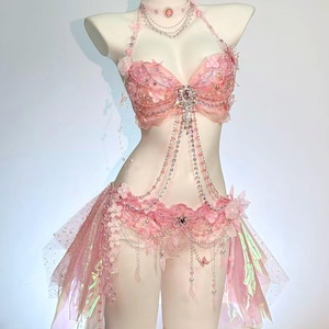 All in One Pink Fairy Bodysuit Rhinestone Beaded Festival Outfit, Fairycore Ravewear, Burning Man Outfit, Coachella Fairy Look