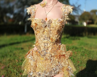 Golden Butterfly Fairy Corset Set, Luxury Festival Outfit, Gold Fairy Costume, Burning Man Outfit, Goddess Rave Set With Skirt