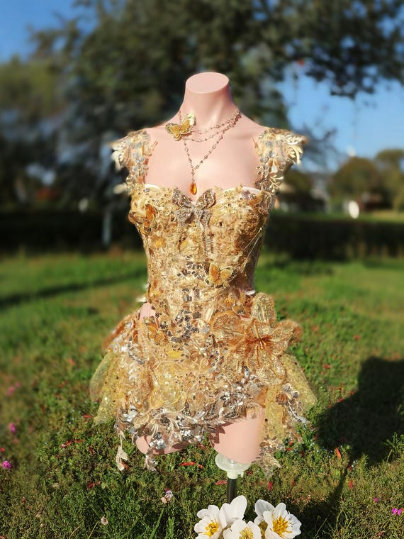 Golden Butterfly Fairy Corset Set, Luxury Festival Outfit, Gold Fairy Costume, Burning Man Outfit, Goddess Rave Set With Skirt, All in one