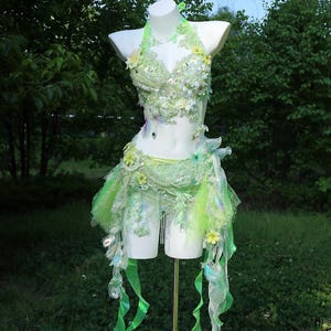 Peut inclure: Un costume deux pièces vert citron composé d'un haut à encolure américaine et d'une jupe ornée de tulle, de dentelle et d'applications florales. La tenue est agrémentée de sequins, de perles, de longs rubans et de tissus transparents.