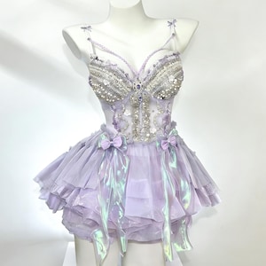 Lavender Fairy Corset Dress, Amethyst Rave Outfit, Lilac Beaded Bustier & Tulle Skirt Fantasy Festival Costume