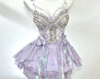 Lavender Fairy Corset Dress, Amethyst Rave Outfit, Lilac Beaded Bustier & Tulle Skirt Fantasy Festival Costume