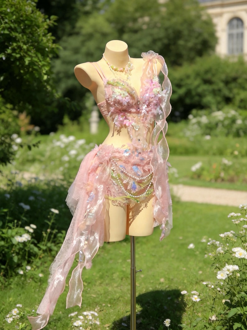 May include: A pink and white fantasy costume displayed on a mannequin. The costume features floral embellishments, sheer fabric, and pearl accents. The outfit includes a bodice, skirt, and decorative elements, creating a whimsical and ethereal aesthetic.