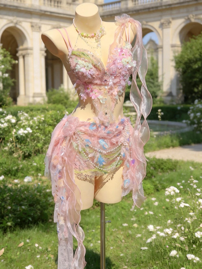 May include: A pink fairy costume displayed on a mannequin. The costume features a bodice and skirt adorned with flowers, feathers, and ribbons. The outfit is embellished with beads and a delicate necklace. The background includes a garden and a building.