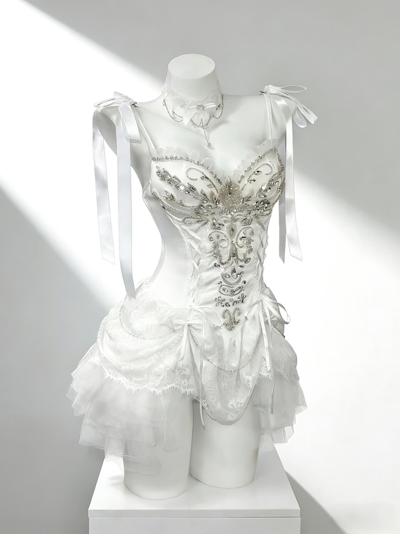 Baroque White Corset Dress, Handmade Lace Angel Bodice, Gothic Bridal Rave Outfit, Festival Costume, Custom Size, EDM