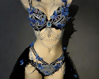 Blue Butterfly Rave Set Crystal Bra Skirt Body Chain, Dark Fairy Festival Outfit, Handmade Costume, Rhinestones Bra, All-in -one