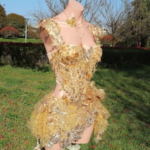 Golden Butterfly Fairy Corset Set, Luxury Festival Outfit, Gold Fairy Costume, Burning Man Outfit, Goddess Rave Set With Skirt, All in one image 3