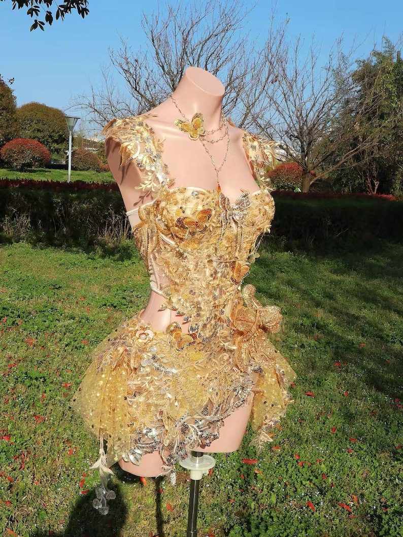 Golden Butterfly Fairy Corset Set, Luxury Festival Outfit, Gold Fairy Costume, Burning Man Outfit, Goddess Rave Set With Skirt, All in one image 3