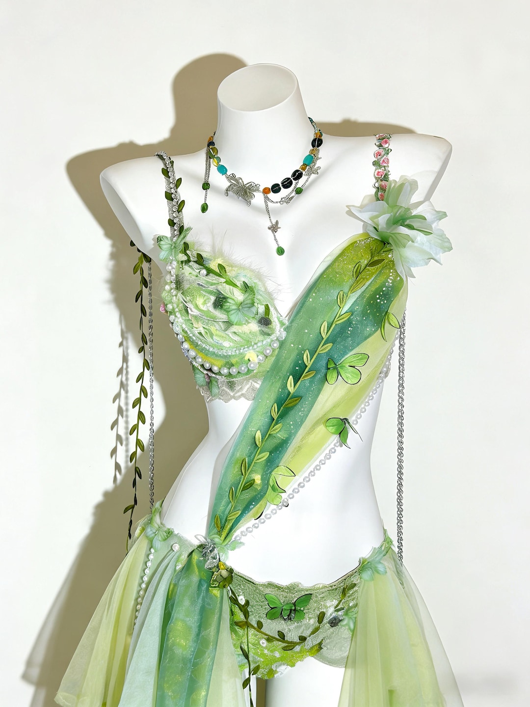 All-in-one Green Fairy Rave Set, Green Butterfly Bra & Skirt, Forest ...