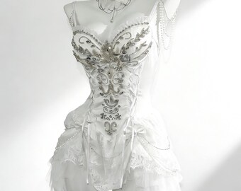 Baroque White Corset Dress, Handmade Lace Angel Bodice, Gothic Bridal Rave Outfit, Festival Costume, Custom Size, EDM