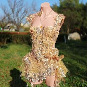 Golden Butterfly Fairy Corset Set, Luxury Festival Outfit, Gold Fairy Costume, Burning Man Outfit, Goddess Rave Set With Skirt, All in one image 2