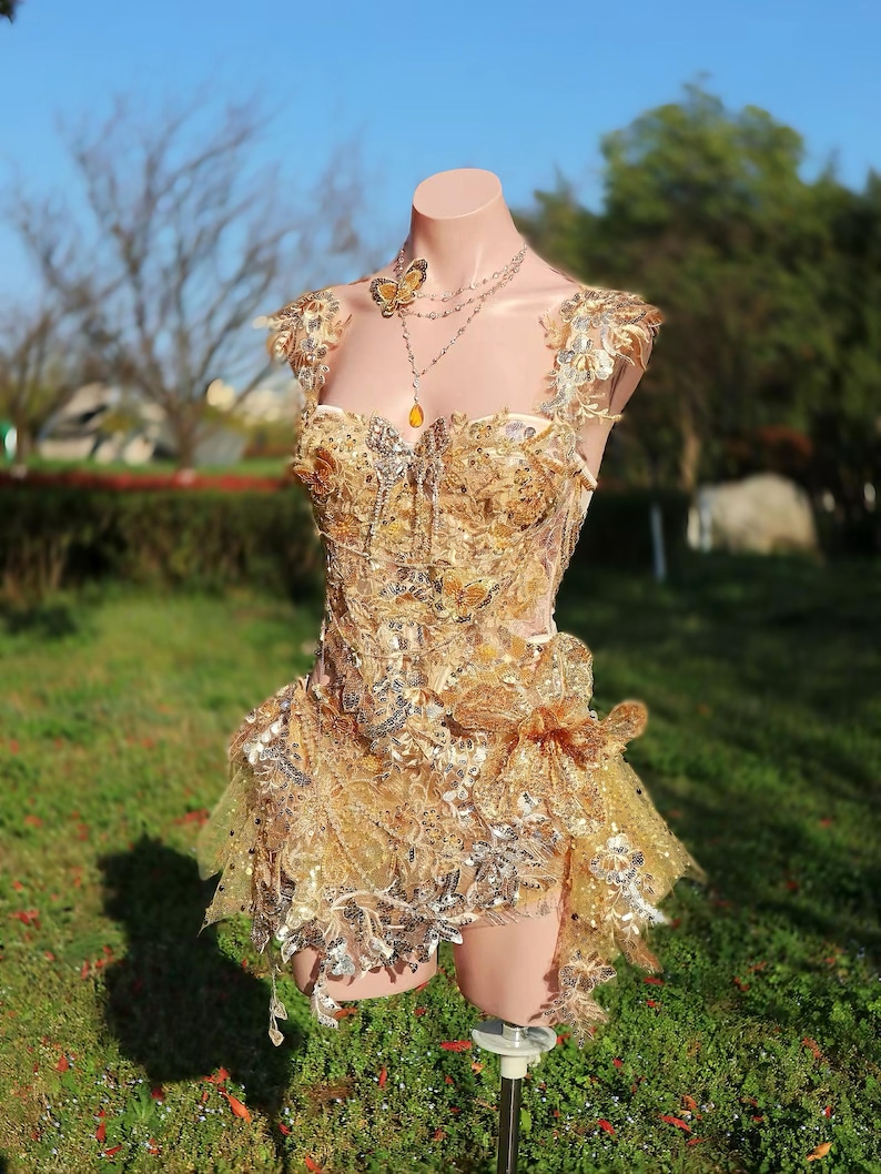 Golden Butterfly Fairy Corset Set, Luxury Festival Outfit, Gold Fairy Costume, Burning Man Outfit, Goddess Rave Set With Skirt, All in one image 2