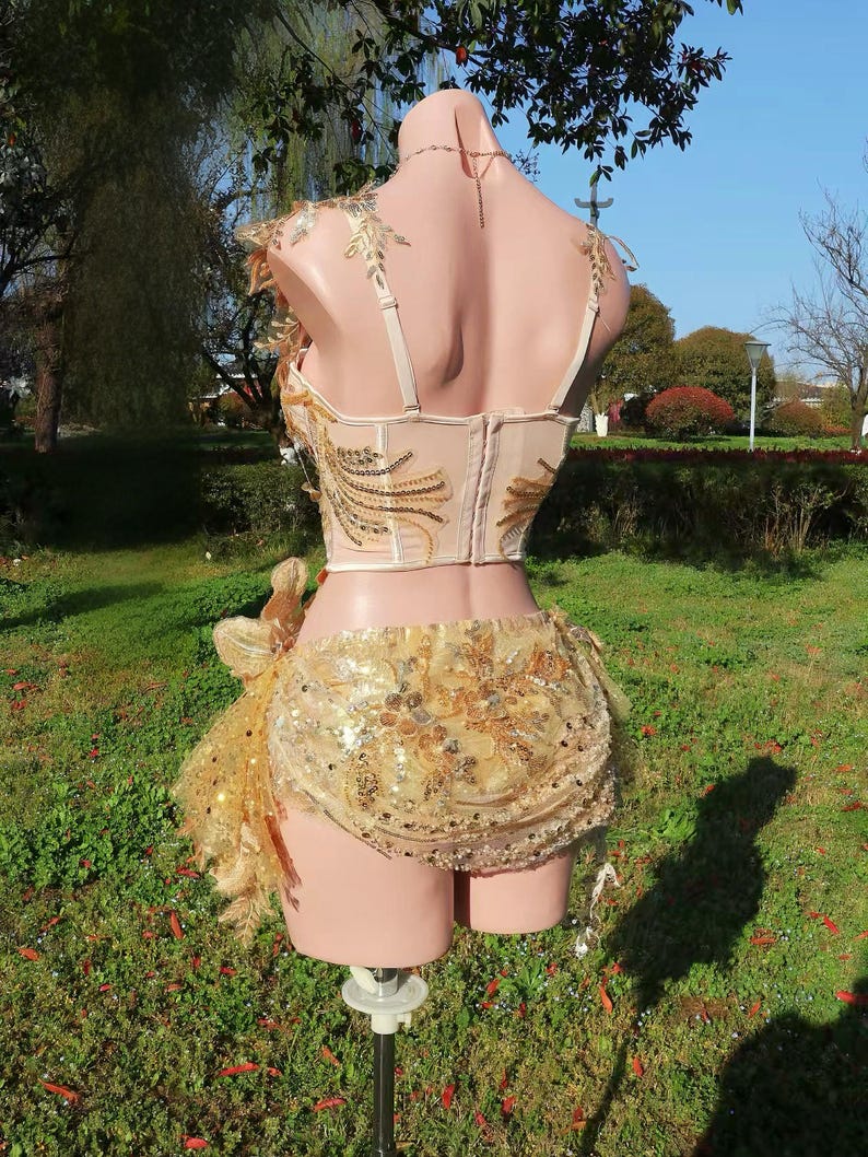 Golden Butterfly Fairy Corset Set, Luxury Festival Outfit, Gold Fairy Costume, Burning Man Outfit, Goddess Rave Set With Skirt, All in one image 5